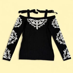 Y2K Coquette Black Embroidered Cold Shoulder Top w/ Bow Straps | Size small